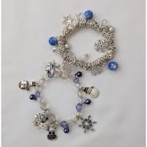 Vintage Winter Wonderland Charm Bracelet Set Of 2 Snowman Snowflake Glass LT128